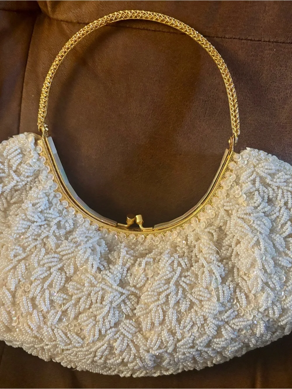 White Beaded Evening Clutch with Gold Frame